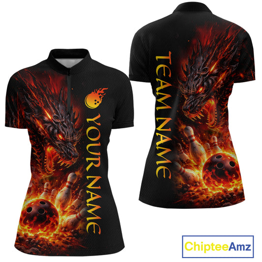 Black bowling shirt with dragon design and customizable text on a white background