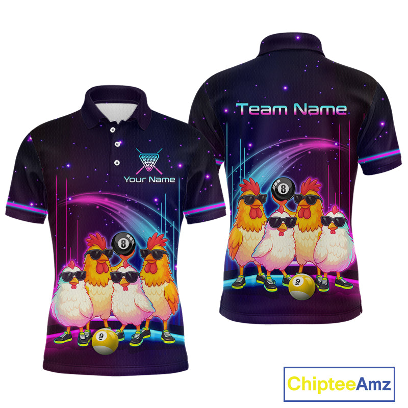 Front and back views of a custom black short-sleeve polo shirt featuring a colorful neon space-themed graphic with four cartoon chickens wearing sunglasses and billiard balls. The front shows a 'Your Name' placeholder logo, and the back displays 'Team Name' placeholder text.