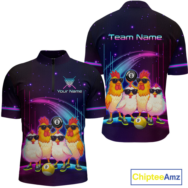Front and back views of a short-sleeve quarter-zip shirt on a white background. The shirt features a dark purple and black starry space background with a graphic of four cartoon chickens wearing sunglasses and playing pool with billiard balls.