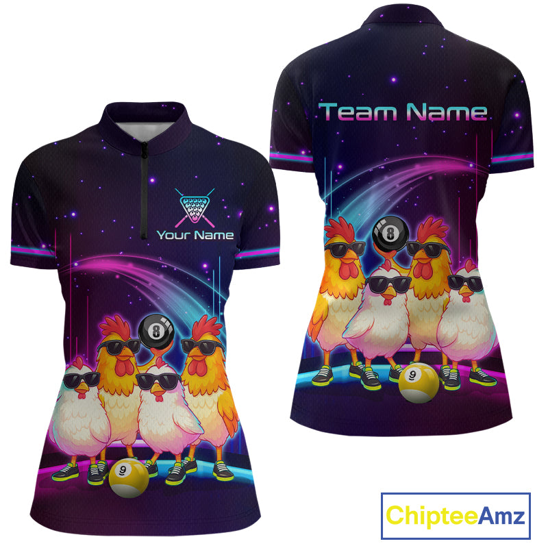 Front and back views of a short-sleeve zip-neck shirt with a vibrant, colorful graphic print featuring cartoon chickens wearing sunglasses and billiard balls on a purple cosmic background. The front has placeholder text 'Your Name' and the back displays 'Team Name'.