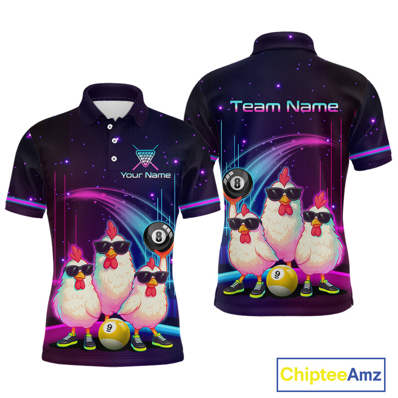 Front and back views of a custom printed short-sleeve polo shirt on a white background. The shirt features a dark purple and black base with neon pink and blue graphics, including cartoon chickens wearing sunglasses, billiard balls, and placeholder text 'Your Name' and 'Team Name'.