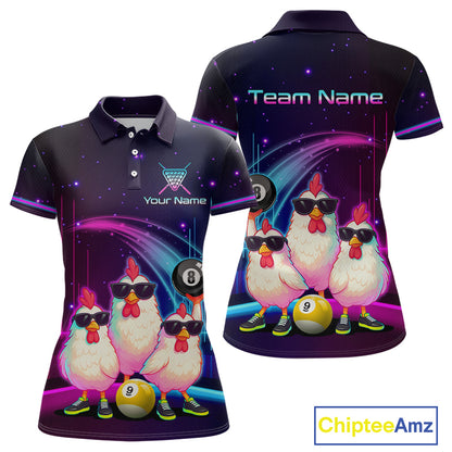 Custom short-sleeve polo shirt shown from front and back on a white background. The shirt features a dark purple and black space-themed print with cartoon chickens wearing sunglasses, billiard balls, and neon pink and blue light effects.