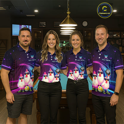 Four people standing indoors in matching custom polo shirts featuring a colorful graphic of cartoon chickens with billiard ball, and neon purple light effects. The shirts have placeholder text 