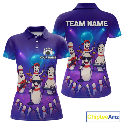 Custom Funny Bowling Pins Music Shirt Neon Bowling Jersey for Women Polo & 1/4 Zip Bowling Outfit QZT788