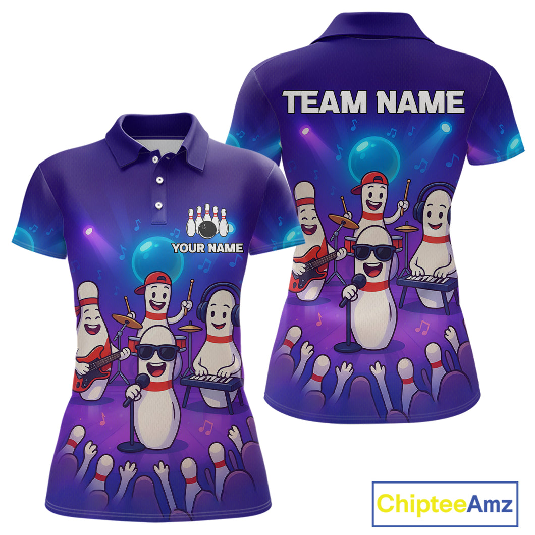 Custom Funny Bowling Pins Music Shirt Neon Bowling Jersey for Women Polo & 1/4 Zip Bowling Outfit QZT788