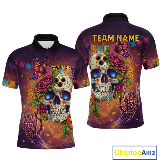 Custom Funny Sugar Skull Bowling Shirt for Men Bowling Team Jersey Polo & Quarter-Zip Bowling Outfit  QZT909