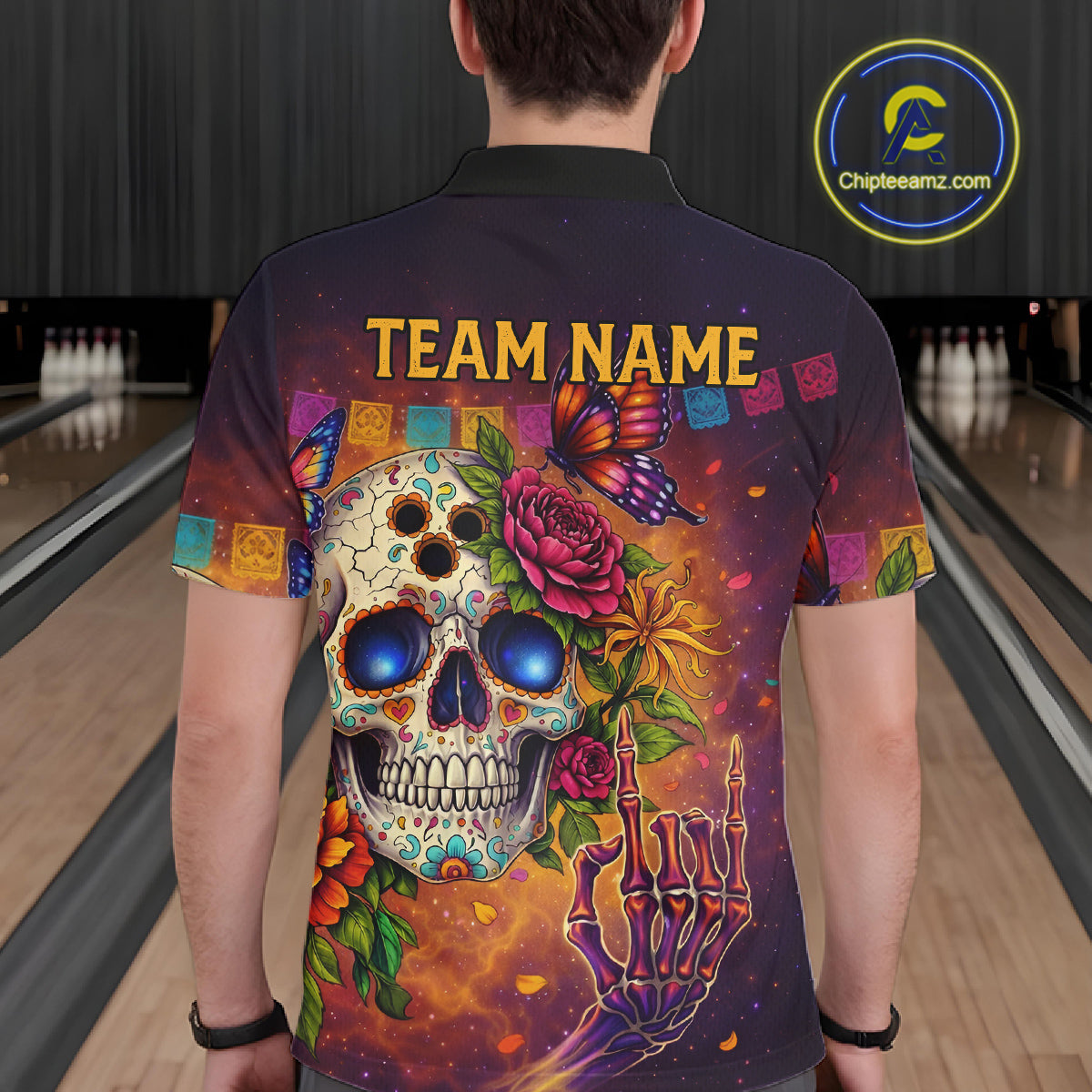 Custom Funny Sugar Skull Bowling Shirt for Men Bowling Team Jersey Polo & Quarter-Zip Bowling Outfit  QZT909