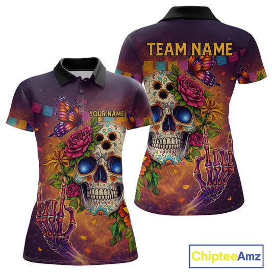 Custom Funny Sugar Skull Bowling Shirt for Women Bowling Team Jersey Polo & Quarter-Zip Bowling Outfit  QZT909