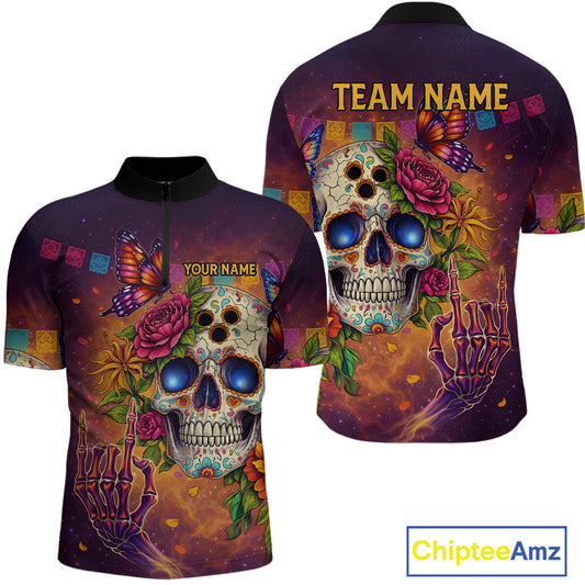 Custom Funny Sugar Skull Bowling Shirt for Men Bowling Team Jersey Polo & Quarter-Zip Bowling Outfit  QZT909