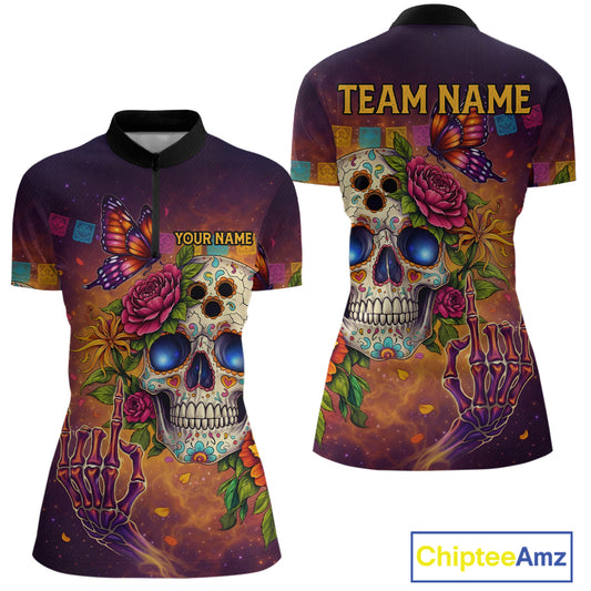 Custom Funny Sugar Skull Bowling Shirt for Women Bowling Team Jersey Polo & Quarter-Zip Bowling Outfit  QZT909