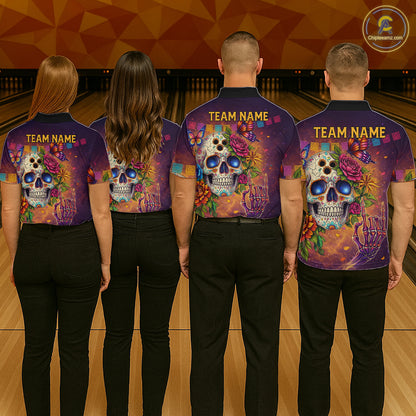 Custom Funny Sugar Skull Bowling Shirt for Men Bowling Team Jersey Polo & Quarter-Zip Bowling Outfit  QZT909
