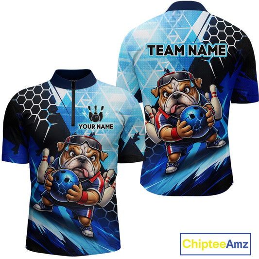 Funny Bulldog Bowling Team Shirt Custom Polo & 1/4 Zip Bowling Jersey for Men Blue Bowling Unisex  QZT911