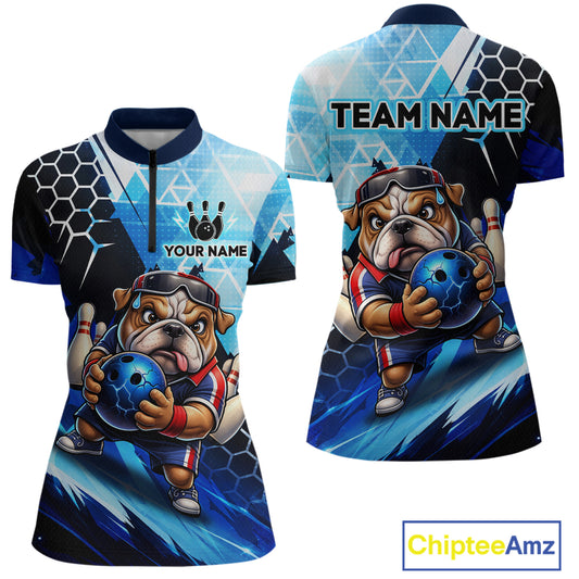 Funny Bulldog Bowling Team Shirt Custom Polo & 1/4 Zip Bowling Jersey for Women Blue Bowling Unisex QZT911