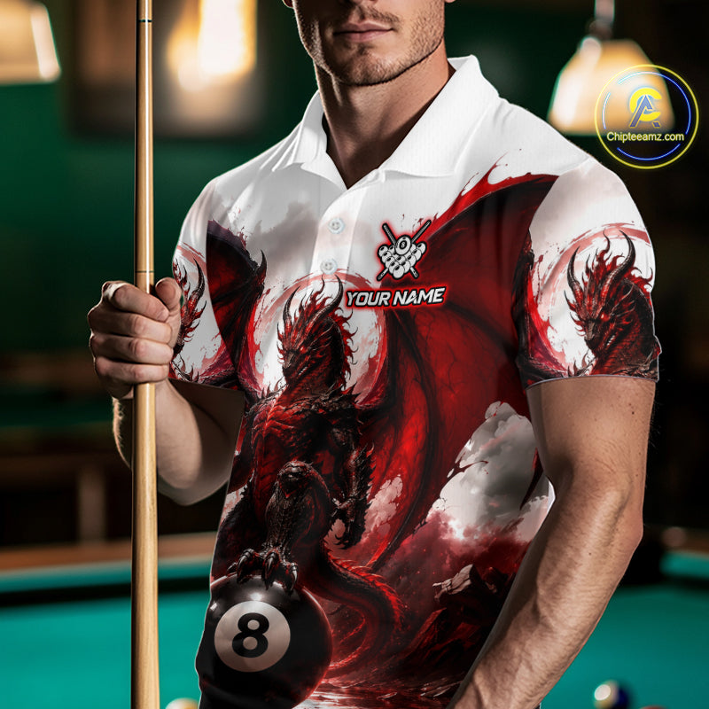 Custom Red & White Dragon Billiard Shirt 8 Ball Pool Team Jersey for Men Polo & 1/4 Zip BHT109