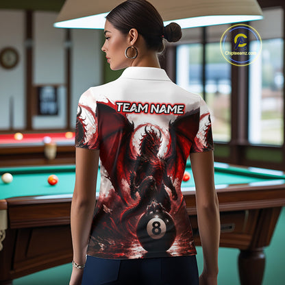 Custom Red & White Dragon Billiard Shirt 8 Ball Pool Team Jersey for Women Polo & 1/4 Zip BHT109
