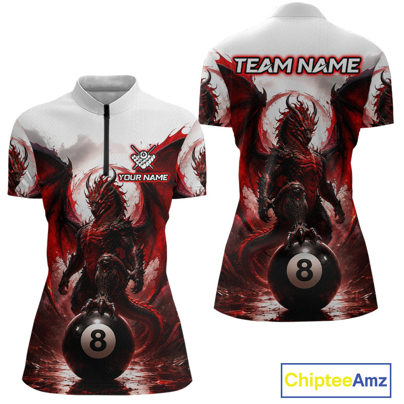 Custom Red & White Dragon Billiard Shirt 8 Ball Pool Team Jersey for Women Polo & 1/4 Zip BHT109
