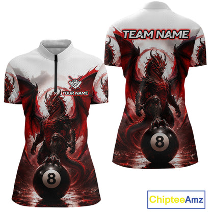 Custom Red & White Dragon Billiard Shirt 8 Ball Pool Team Jersey for Women Polo & 1/4 Zip BHT109