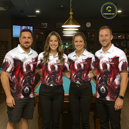 Custom Red & White Dragon Billiard Shirt 8 Ball Pool Team Jersey for Men Polo & 1/4 Zip BHT109