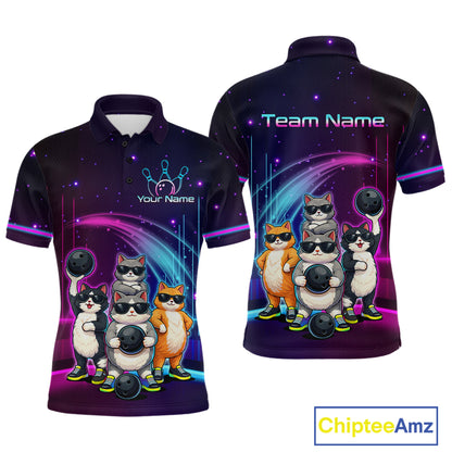 Polo shirt with cartoon cats bowling design on a dark background, featuring 'Team Name' and 'Your Name' text.