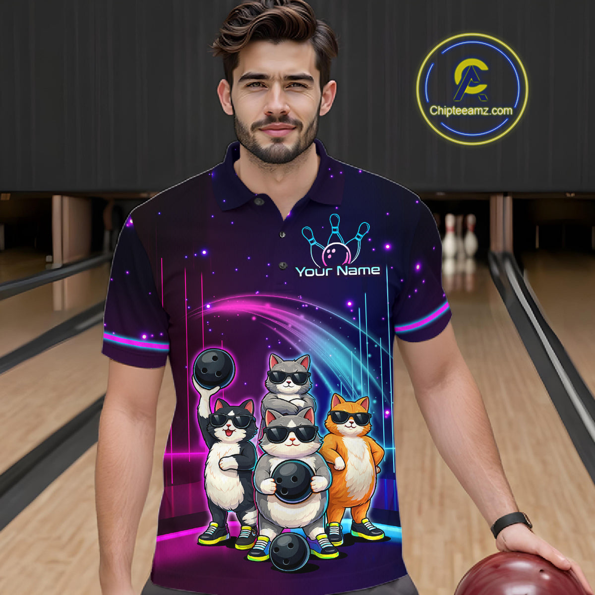 Man wearing a purple bowling shirt with cartoon cats and a lane in the background