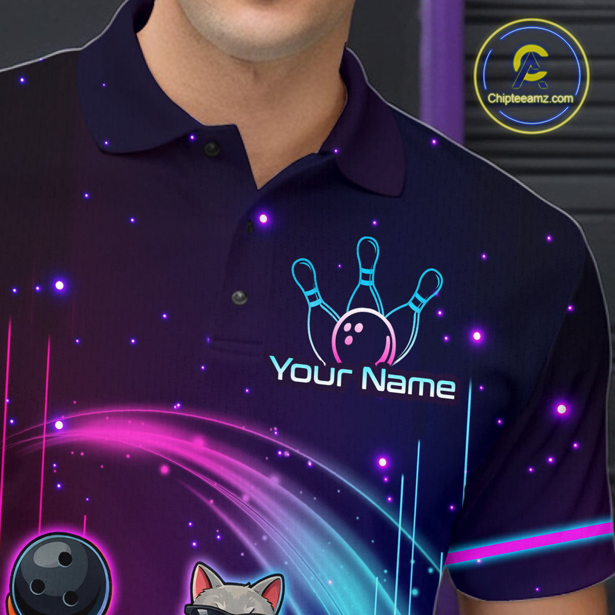 Person wearing a dark purple bowling-themed shirt with colorful graphics and 'Your Name' text.