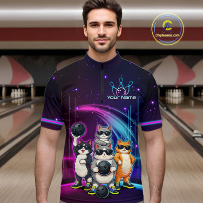 Man wearing a colorful bowling jersey with cartoon cats and customizable text in a bowling alley.