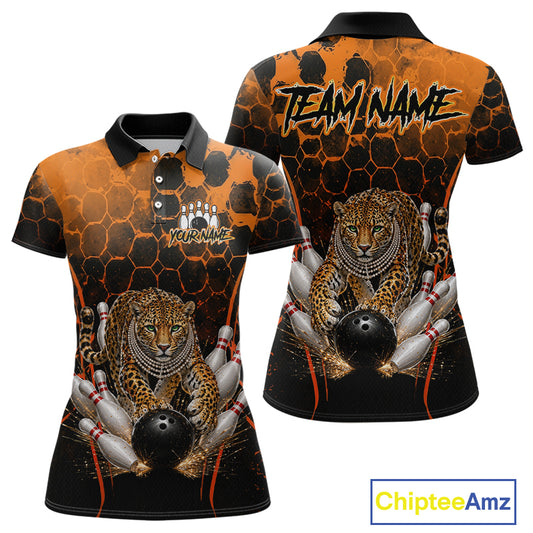 Orange Diomond Leopard Bowling Shirt for Women Custom Bowling Jersey Polo & Quarter-Zip QZT1028