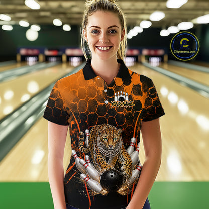 Orange Diomond Leopard Bowling Shirt for Women Custom Bowling Jersey Polo & Quarter-Zip QZT1028