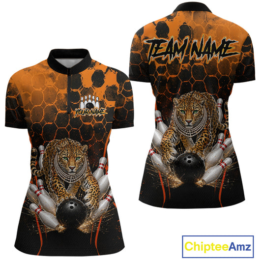 Orange Diomond Leopard Bowling Shirt for Women Custom Bowling Jersey Polo & Quarter-Zip QZT1028