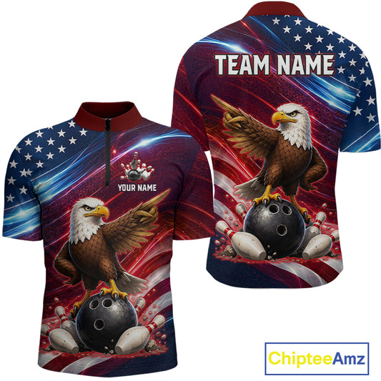Custom American Flag Eagle Bowling Shirt for Men Patriotic Bowling Jersey Polo & Quarter-Zip QZT1030