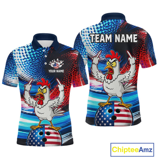 Custom American Flag Chicken Bowling Shirt for Men Patriotic Bowling Jersey Polo & Quarter-Zip QZT1031