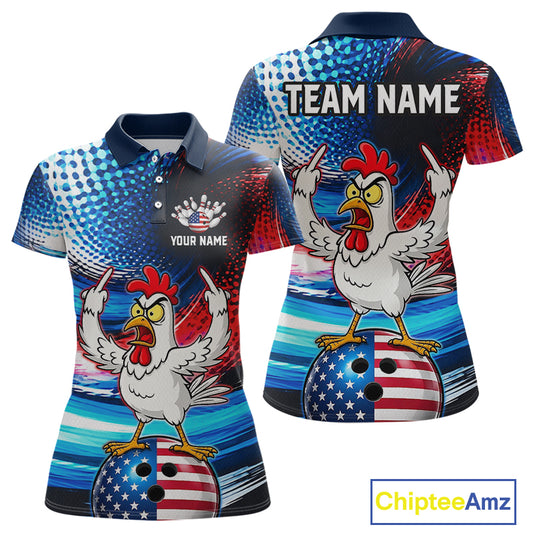 Custom American Flag Chicken Bowling Shirt for Women Patriotic Bowling Jersey Polo & Quarter-Zip QZT1031