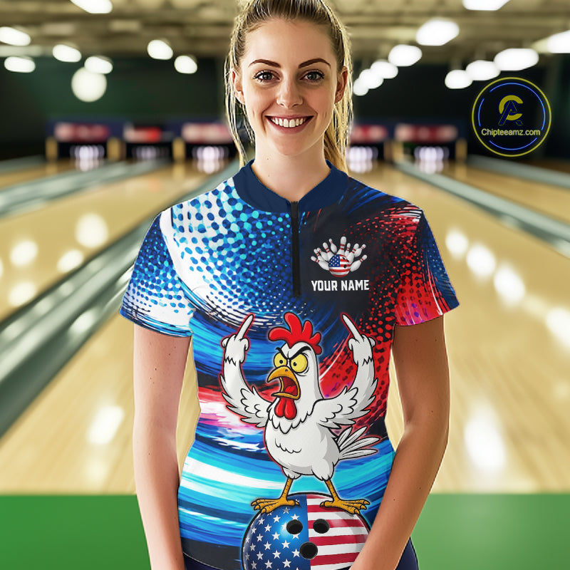 Custom American Flag Chicken Bowling Shirt for Women Patriotic Bowling Jersey Polo & Quarter-Zip QZT1031