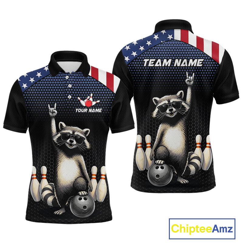 Custom American Flag Bowling Shirt Funny Raccoon Bowling League Jersey for Men Polo & 1/4-Zip QZT1220
