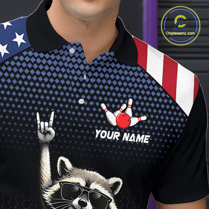 Custom American Flag Bowling Shirt Funny Raccoon Bowling League Jersey for Men Polo & 1/4-Zip QZT1220