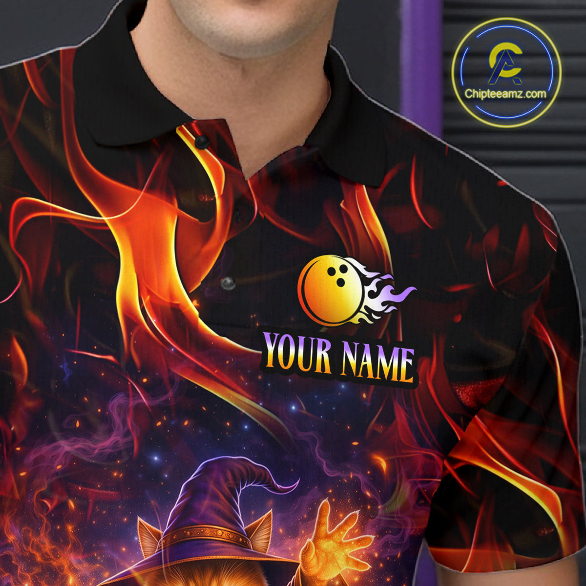 Custom Funny Cat Wizard Bowling Shirts for Men Flame Bowling Jersey for Team Bowling Outfit QZT921