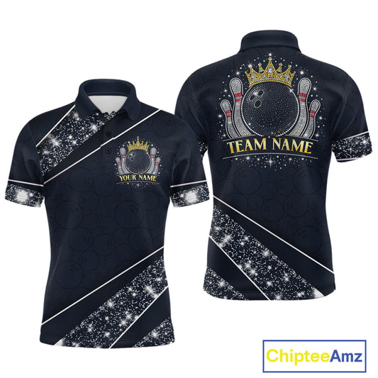 Custom Navy Bowling Shirts with Rhinestones for Men King Bowling Polo & Quarter-Zip Bowling Outfit QZT922