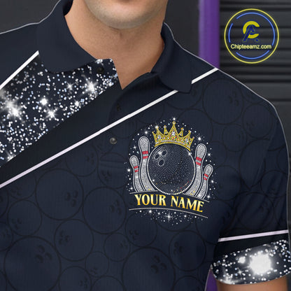 Custom Navy Bowling Shirts with Rhinestones for Men King Bowling Polo & Quarter-Zip Bowling Outfit QZT922