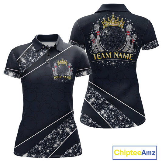 Custom Navy Bowling Shirts with Rhinestones for Women King Bowling Polo & Quarter-Zip Bowling Outfit QZT922
