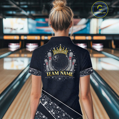 Custom Navy Bowling Shirts with Rhinestones for Women King Bowling Polo & Quarter-Zip Bowling Outfit QZT922