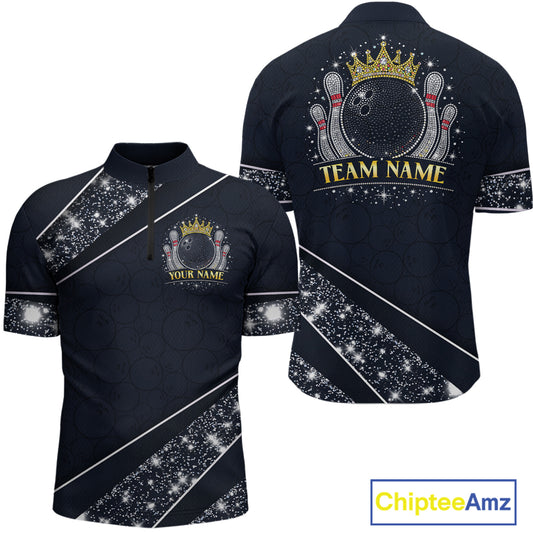 Custom Navy Bowling Shirts with Rhinestones for Men King Bowling Polo & Quarter-Zip Bowling Outfit QZT922