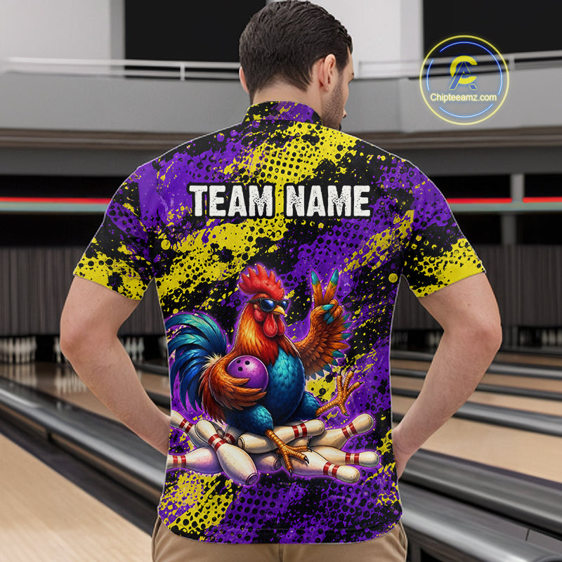 Purple & Yellow Chicken Bowling Shirt for Men Custom Bowling Jersey Rooster Polo & 1/4-Zip QZT1034