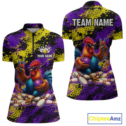 Purple & Yellow Chicken Bowling Shirt for Women Custom Bowling Jersey Rooster Polo & 1/4-Zip QZT1034