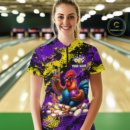Purple & Yellow Chicken Bowling Shirt for Women Custom Bowling Jersey Rooster Polo & 1/4-Zip QZT1034