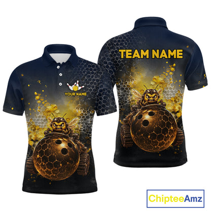  Custom black & gold funny bee bowling polo shirt, front and back views, bowling league jersey for men