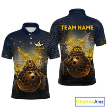 Load image into Gallery viewer,  Custom black &amp; gold funny bee bowling polo shirt, front and back views, bowling league jersey for men