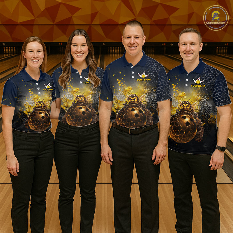 Bowling team wearing custom black & gold funny bee  bowling shirts, group front view mockup, personalized team jerseys.