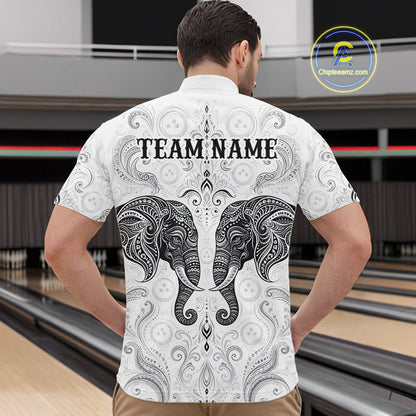 Man wearing custom black & white tribal elephant  bowling 1/4 zip shirt, back view mockup, personalized bowling league jersey.