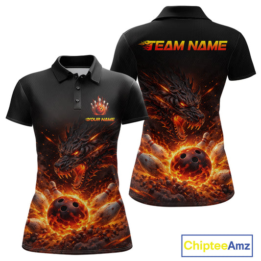 Custom Flame Dragon Bowling Shirt for Women Bowling Jersey Polo & Quarter-Zip Bowling Outfit QZT996