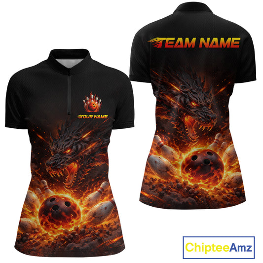 Custom Flame Dragon Bowling Shirt for Women Bowling Jersey Polo & Quarter-Zip Bowling Outfit QZT996